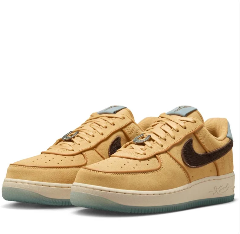 Nike Air Force 1 Low Sneakers in Wheat with Brown and Light Blue Accents