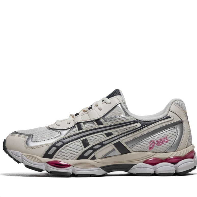 ASICS Sneakers in Silver and Cream with Black and Pink Accents