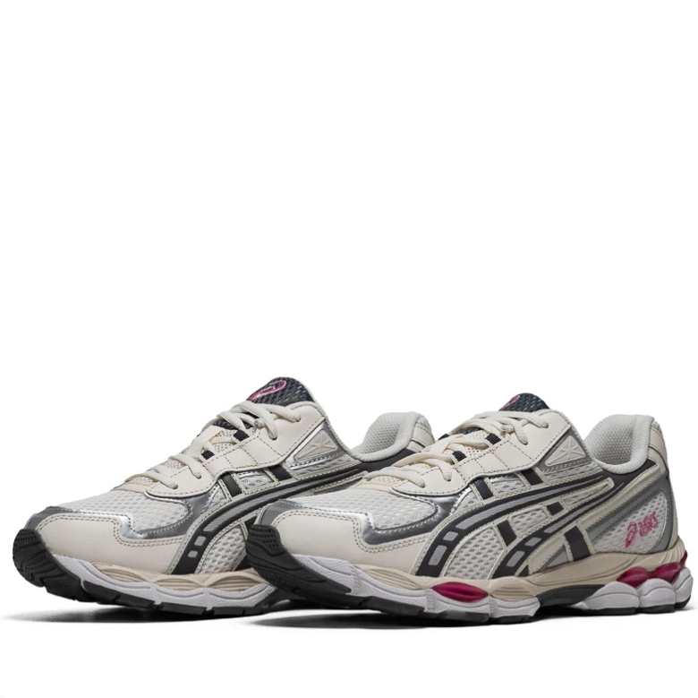 ASICS Sneakers in Silver and Cream with Black and Pink Accents