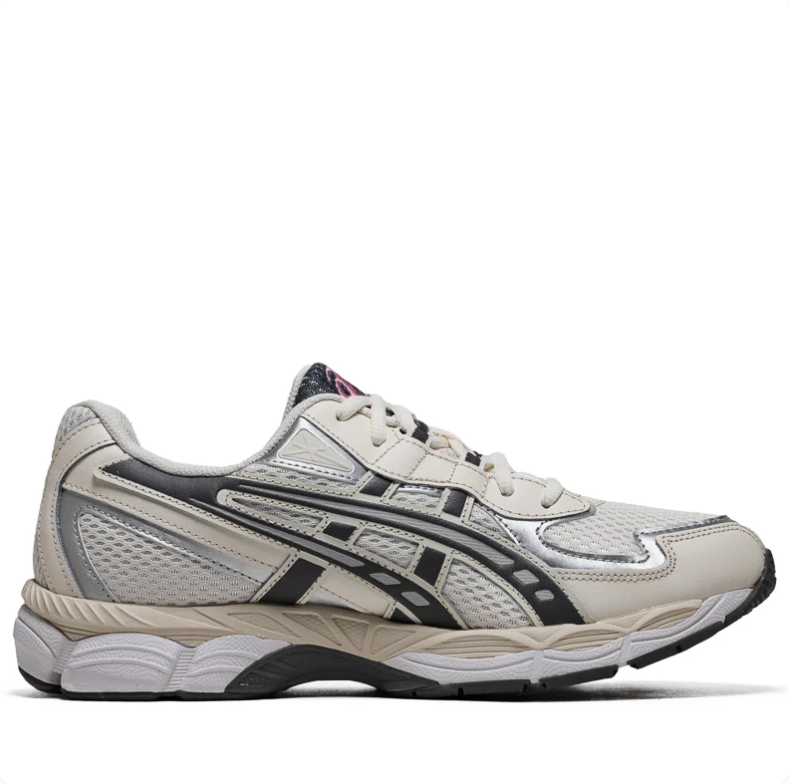 ASICS Sneakers in Silver and Cream with Black and Pink Accents