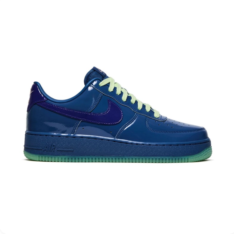 Nike Air Force 1 Low Sneakers in Glossy Blue with Purple and Lime Accents