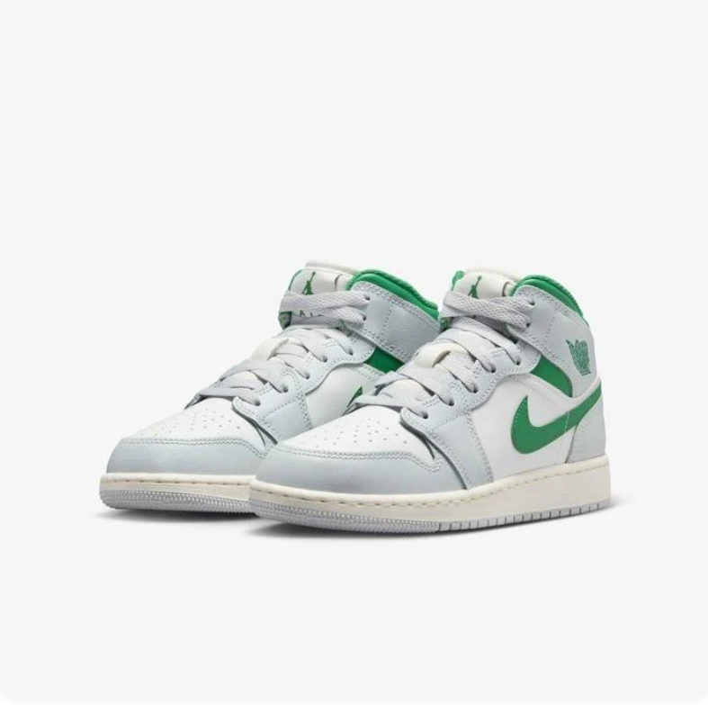 Air Jordan 1 Mid Sneakers in White, Light Grey and Green