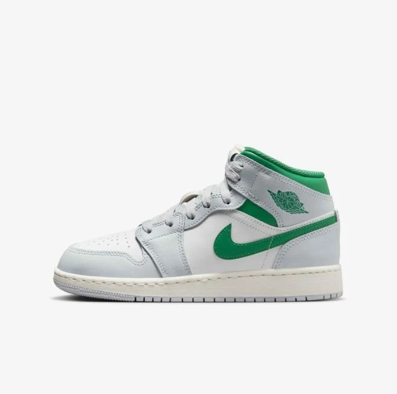Air Jordan 1 Mid Sneakers in White, Light Grey and Green