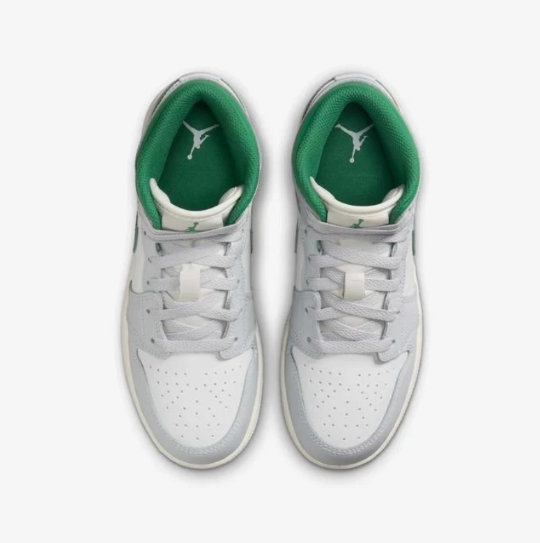 Air Jordan 1 Mid Sneakers in White, Light Grey and Green