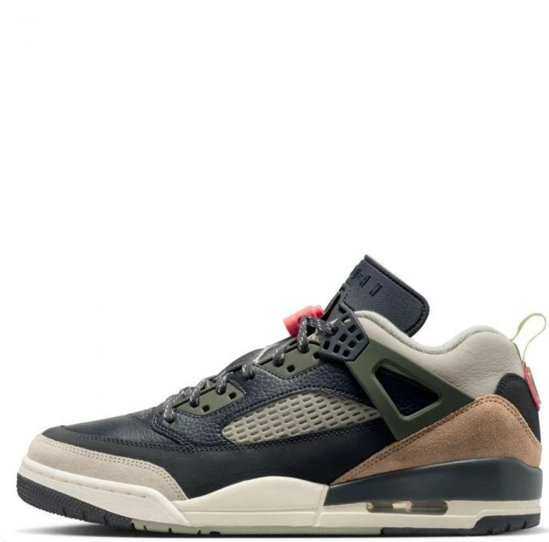 Air Jordan Spizike Low Sneakers in Black, Olive and Tan with Coral Accents
