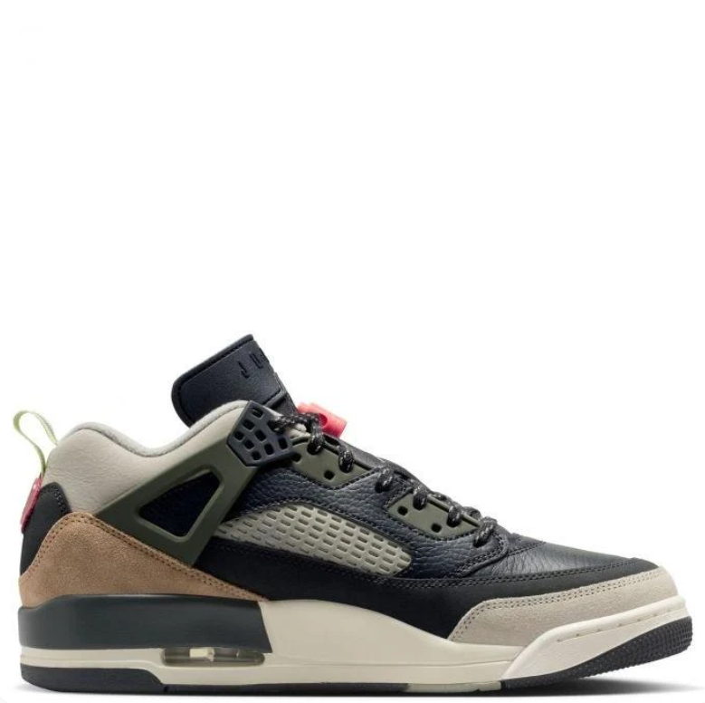 Air Jordan Spizike Low Sneakers in Black, Olive and Tan with Coral Accents