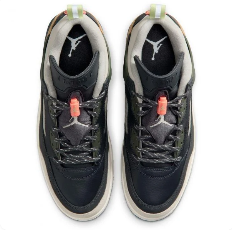 Air Jordan Spizike Low Sneakers in Black, Olive and Tan with Coral Accents