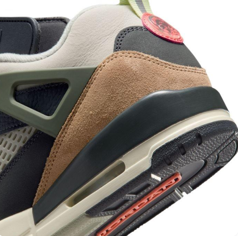 Air Jordan Spizike Low Sneakers in Black, Olive and Tan with Coral Accents