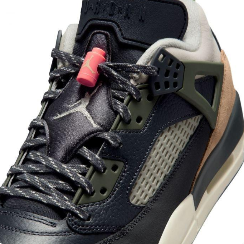 Air Jordan Spizike Low Sneakers in Black, Olive and Tan with Coral Accents