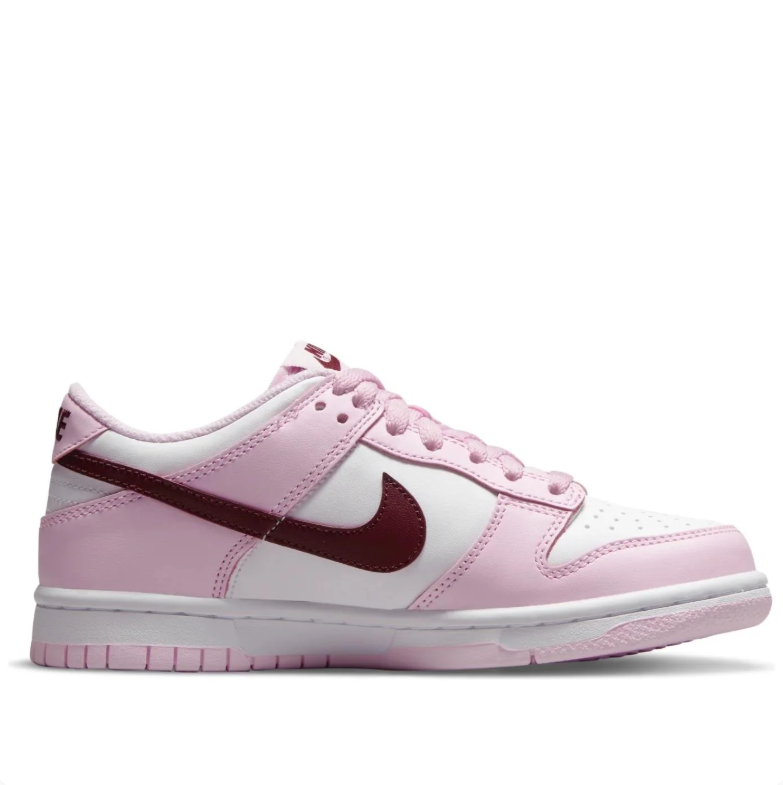 Nike Dunk Low Sneakers in Pink and White with Burgundy Swooshes