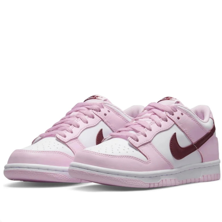 Nike Dunk Low Sneakers in Pink and White with Burgundy Swooshes