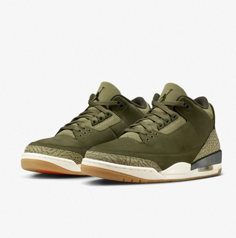 Air Jordan 3 Sneakers in Olive Green with Elephant-Print Detailing
