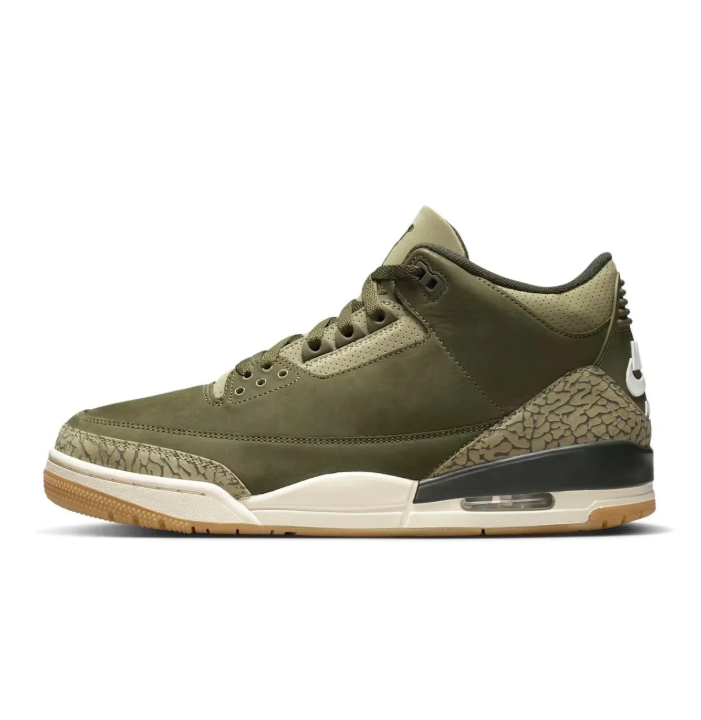 Air Jordan 3 Sneakers in Olive Green with Elephant-Print Detailing
