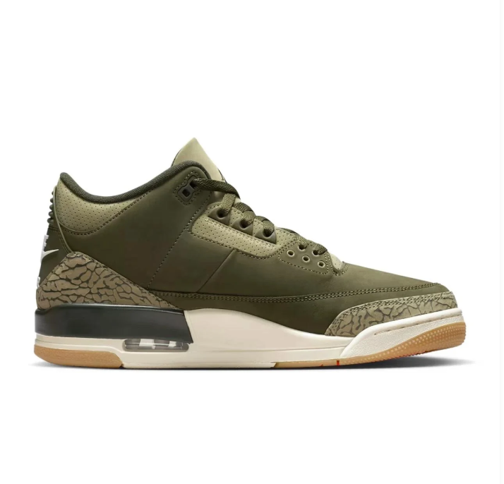 Air Jordan 3 Sneakers in Olive Green with Elephant-Print Detailing