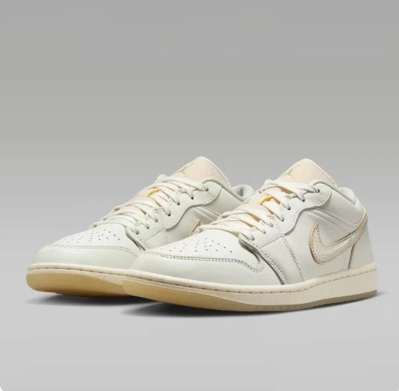 Air Jordan 1 Low Sneakers in White & Cream with Gum-Colored Soles
