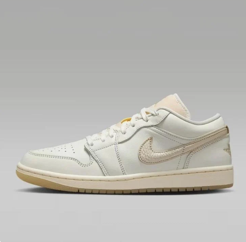 Air Jordan 1 Low Sneakers in White & Cream with Gum-Colored Soles
