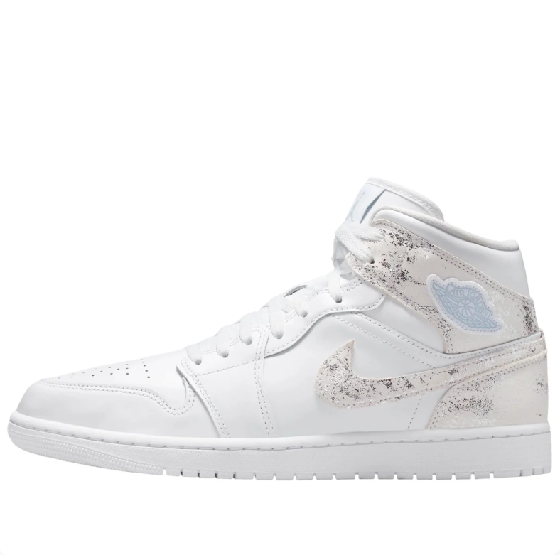 Air Jordan 1 Mid Sneakers in White with Metallic Silver Accents