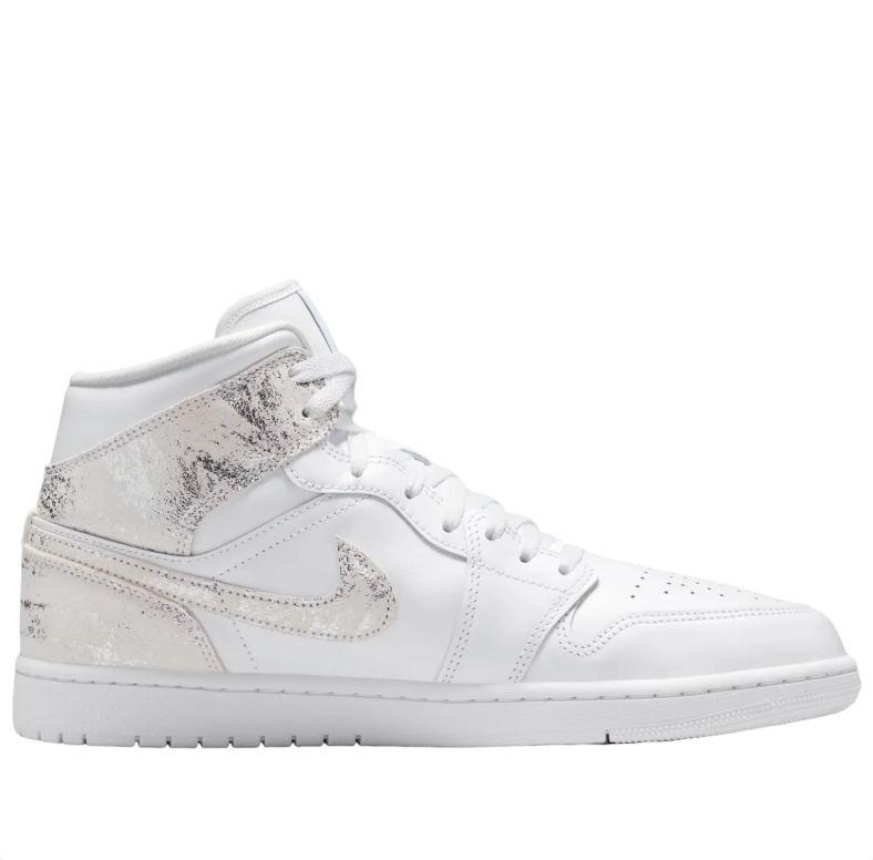 Air Jordan 1 Mid Sneakers in White with Metallic Silver Accents