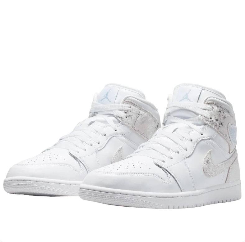 Air Jordan 1 Mid Sneakers in White with Metallic Silver Accents