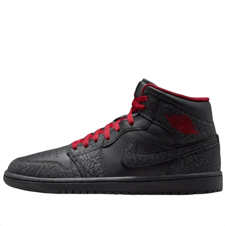 Air Jordan 1 Mid Sneakers in Black & Red with Elephant-Print Detailing