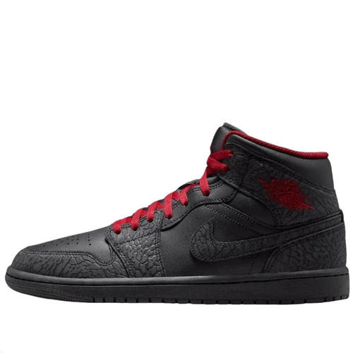 Air Jordan 1 Mid Sneakers in Black & Red with Elephant-Print Detailing