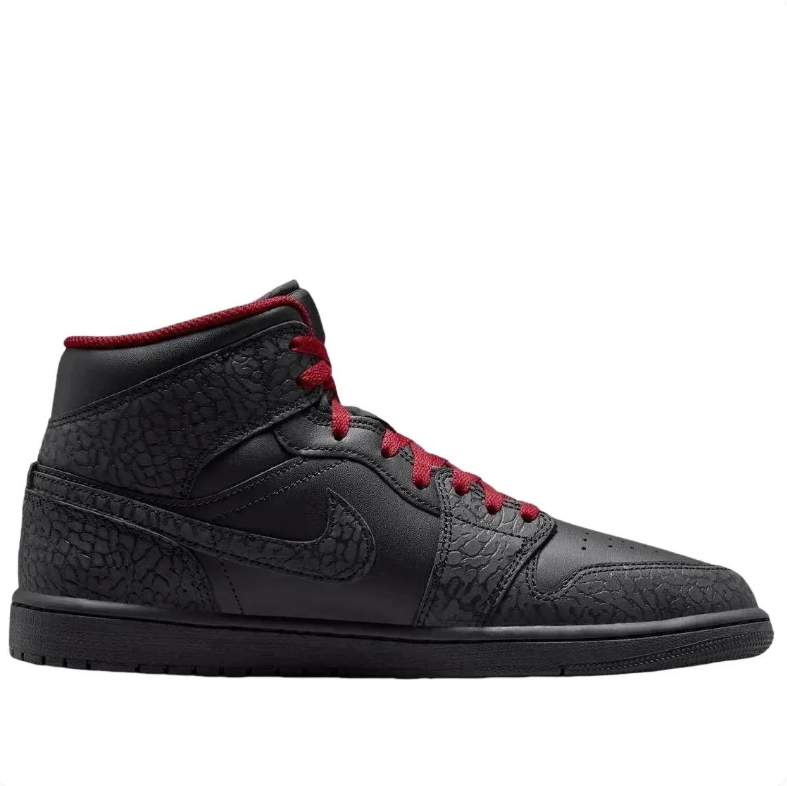 Air Jordan 1 Mid Sneakers in Black & Red with Elephant-Print Detailing