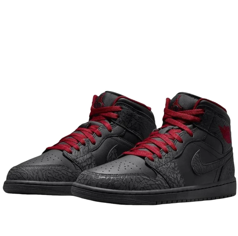 Air Jordan 1 Mid Sneakers in Black & Red with Elephant-Print Detailing