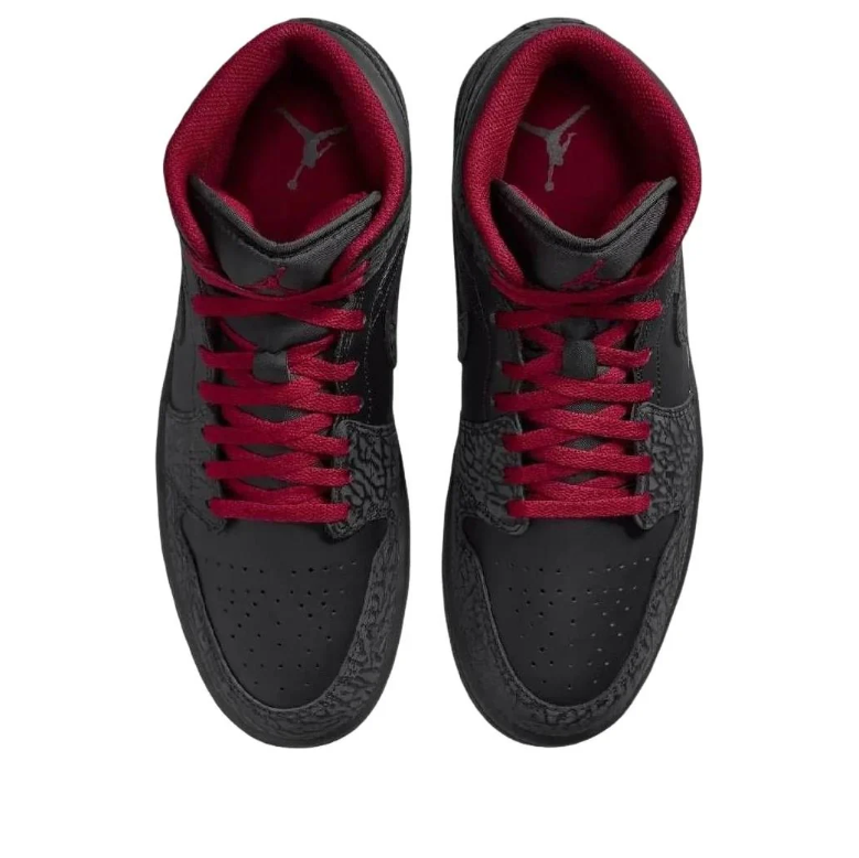 Air Jordan 1 Mid Sneakers in Black & Red with Elephant-Print Detailing