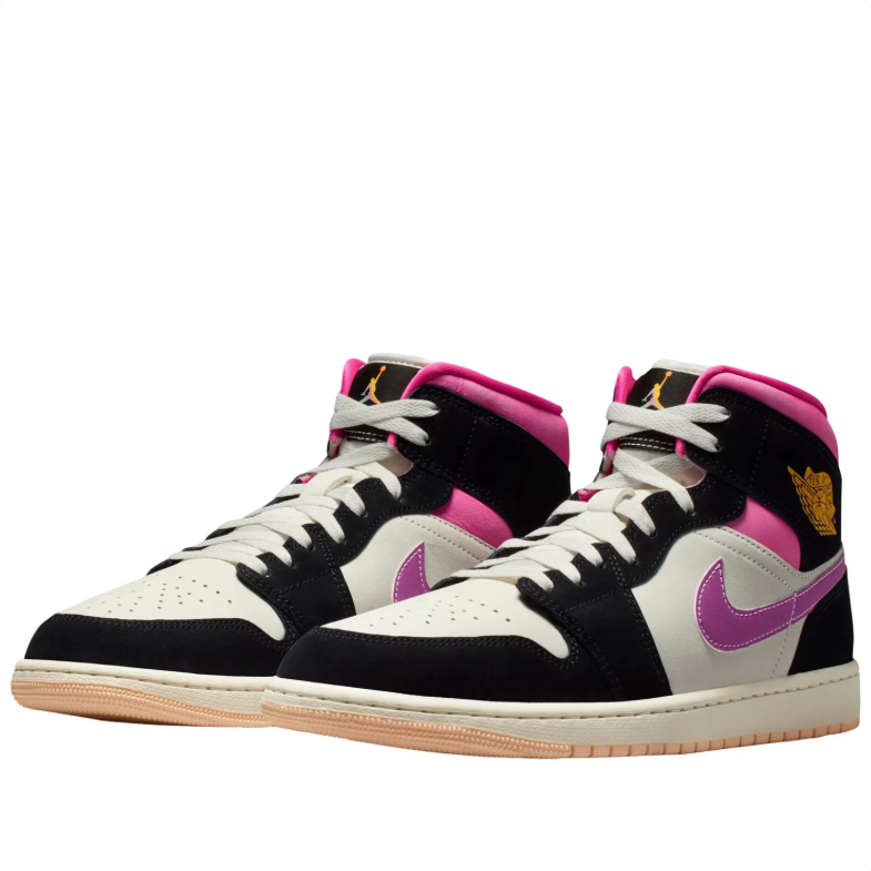 Air Jordan 1 Mid Sneakers in Black, Cream & Pink
