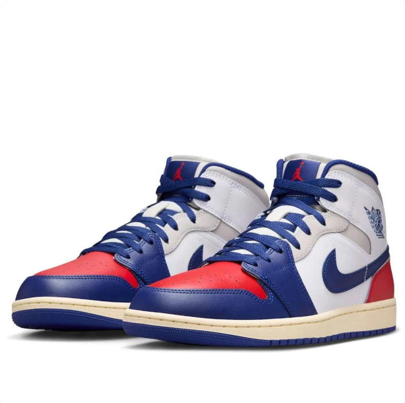 Air Jordan 1 Mid Sneakers in White, Navy Blue & Red