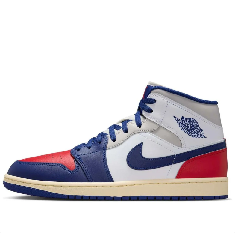 Air Jordan 1 Mid Sneakers in White, Navy Blue & Red