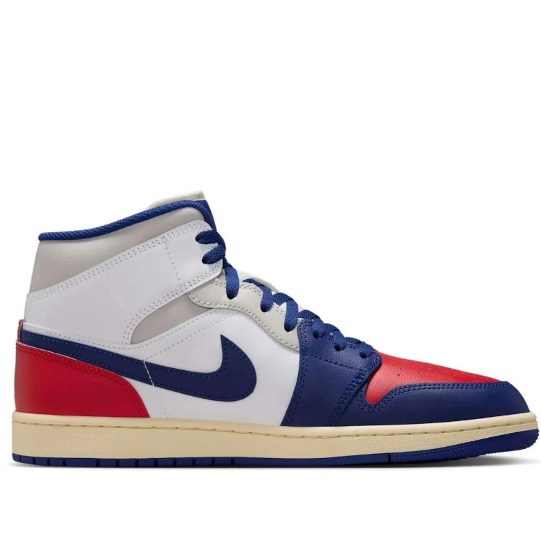 Air Jordan 1 Mid Sneakers in White, Navy Blue & Red