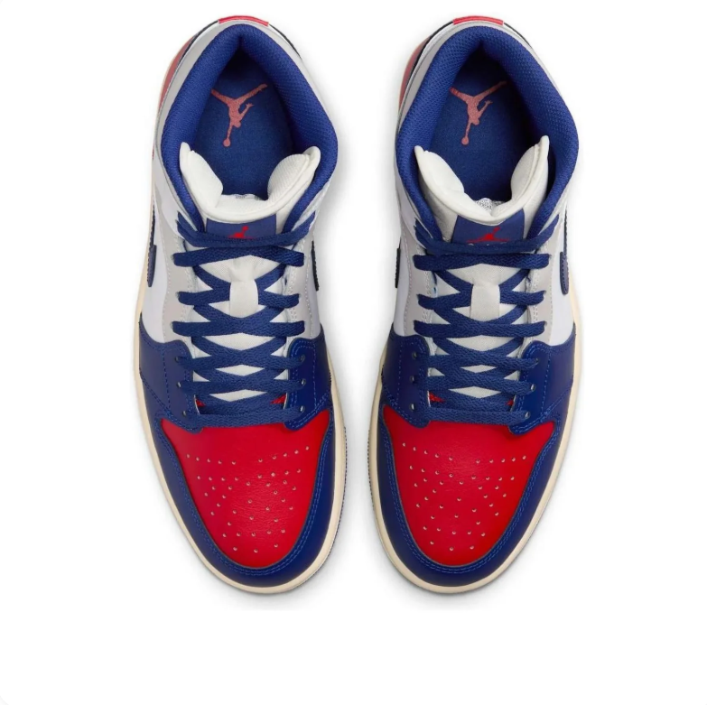 Air Jordan 1 Mid Sneakers in White, Navy Blue & Red