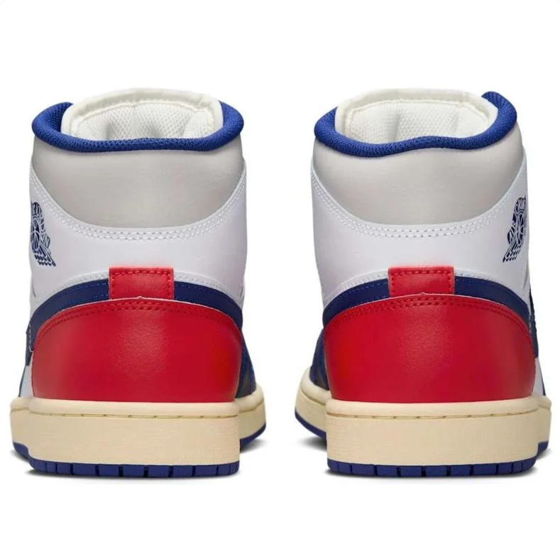 Air Jordan 1 Mid Sneakers in White, Navy Blue & Red
