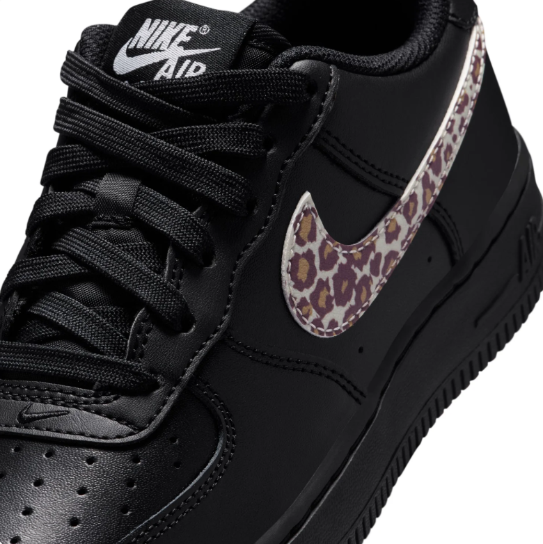 Nike Air Force 1 Low Sneakers in Black with Leopard-Print Swooshes